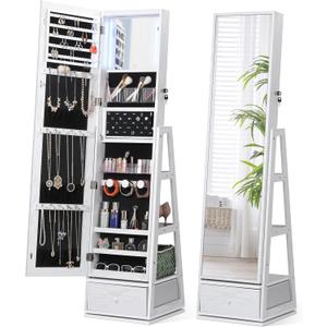 Nicetree 360 Swivel Jewelry Cabinet with Lights, Touch Screen Vanity Mirror, Rotatable Full Length Mirror with Jewelry Storage, Standing Jewelry Armoire Organizer, Foldable Makeup Shelf, White