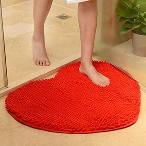 JAIJY Red Small Heart Shaped Chenille Bath Mat Soft Absorbent Plush Microfiber Bathroom Rug Non-Slip Machine Washable Shaggy Mats Carpet for Shower, Bedroom, Bathtub, Small, 12"x18"