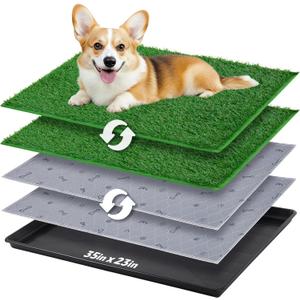 Dog Grass Pad with Tray - 35''x23'' Portable Dog Litter Box with 2 Pack Hemmed Edge Artificial Grass Patch + 2 Washable Reusable Pee Pads, Indoor Outdoor Fake Grass Pad for Dogs Potty