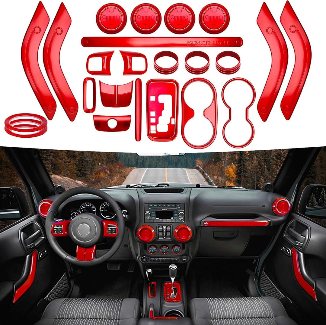26PCS Full Set Interior Trim Kit Compatible With Jeep Wrangler JK JKU 2011-2018 2&4-door Inner Center Console Trim, Door Handle, Cup Holder Cover (Red Decoration Kit) Christmas Car Decorations