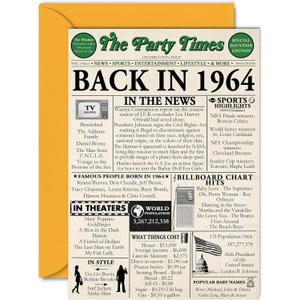 61st Birthday Cards for Men Women - Back In 1964 Newspaper - 61 Happy Birthday Decorations Card for Her Him Dad Mom Husband Wife Uncle Aunt Vintage Retro Born In 1964, A5 Bday Anniversary Cards