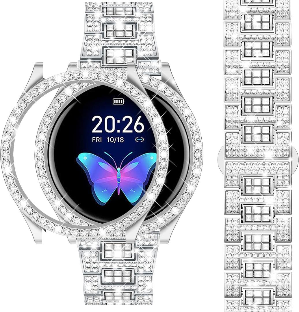 Dsytom Bands Compatible with Samsung Galaxy Watch FE 2024 40mm/ Galaxy Watch 5/4 40mm 44mm, 20mm Bling Metal Replacement Galaxy Watch FE/5/4 Band 40mm 44mm with Rhinestone Protective Case for Women (Silver)
