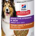 Hill's Science Diet Adult 1-6 Sensitive Stomach & Sensitive Skin Wet Dog Food, Tender Turkey & Rice Stew in Gravy, 12.5 oz. Cans, 12-Pack
