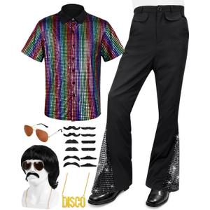 6 PCS Men's 70s Disco Outfit Costume Retro 80s Bell Bottom Pants short Sleeve Shirts Wigs Necklace Moustache Sunglasses (Medium, Vintage)