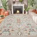 AMTOVO 5x7 Washable Area Rugs for Living Room, Vintage Boho Floral Distressed Print Non-Slip Carpet, Soft Colorful Accent Rug for Bedroom Dining Room Playroom Nursery Farmhouse Girls Room, Beige