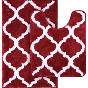 OLANLY Bathroom Rugs Set 2 Piece, Microfiber Bath Shower Mat and U-Shaped Toilet Rug, Machine Wash Dry, Non-Slip Absorbent Shaggy Bath Mats for Tub, Shower and Bathroom (24"x16"+24"x20", Burgundy)