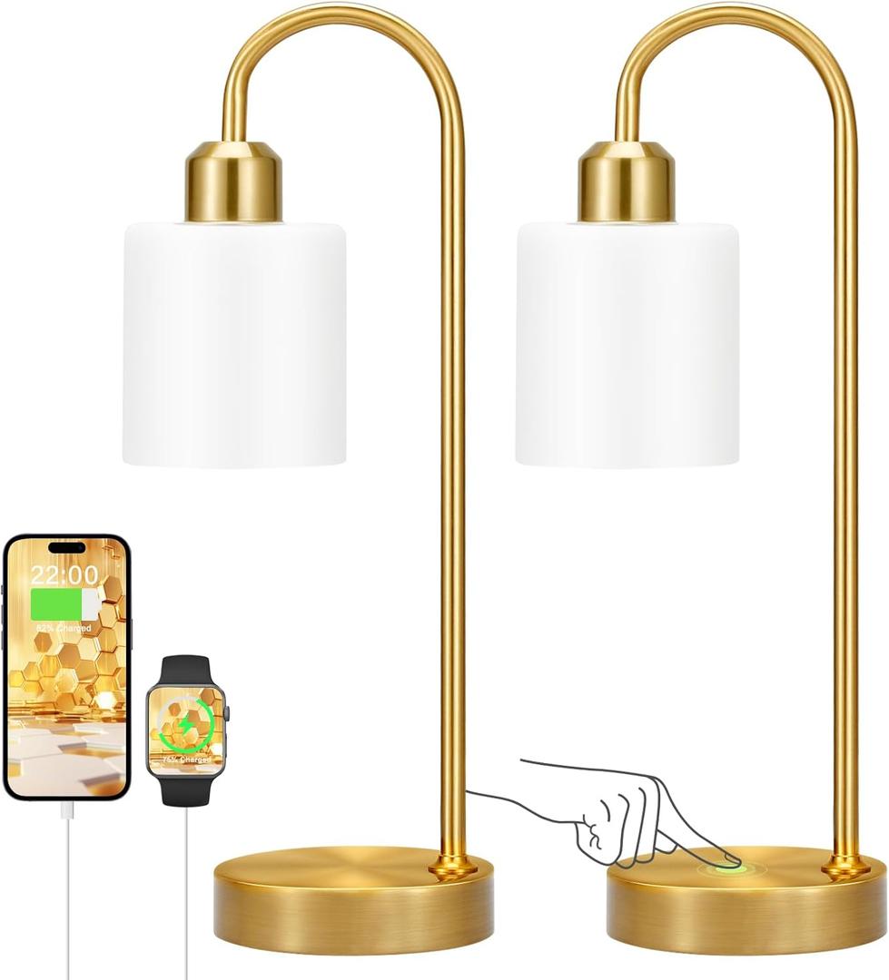 Opal Gold Desk Lamps for Home Office - 3 Way Dimmable Touch Gold Lamp with USB C+A Ports, Nightstand Lamp with Glass Shade,Bedside Table Lamps for Night Stands, BedroomLiving Room, LED Bulb Included