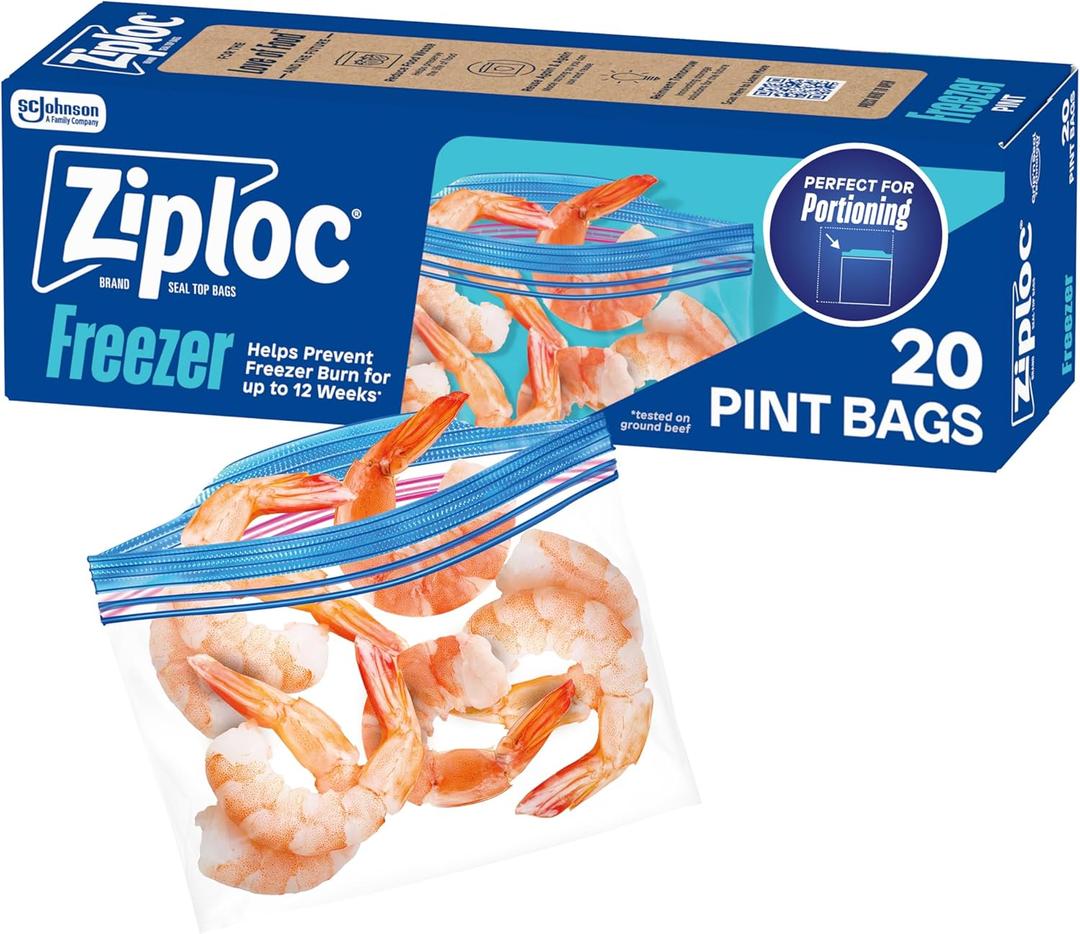 Ziploc Pint Food Storage Freezer Bags, Grip 'n Seal Technology for Easier Grip, Open, and Close, 20 Count