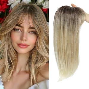  Hair Toppers for Women, 18 Inch Long Hair Pieces for Women with Thinning Hair, 360° 3D Clip in Blunt Wispy Bangs (Ombre Dark Root to Blonde)