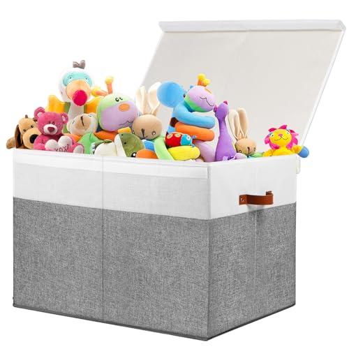 Amazon.com: Large Toy Storage Box with Lid, Sturdy Toys Storage Chest Bin Organizer Basket with Dividers for Kids, Boys, Girls, Nursery, Closet, Bedroom, Playroom 26"x17" x17" (Grey and White) : Baby