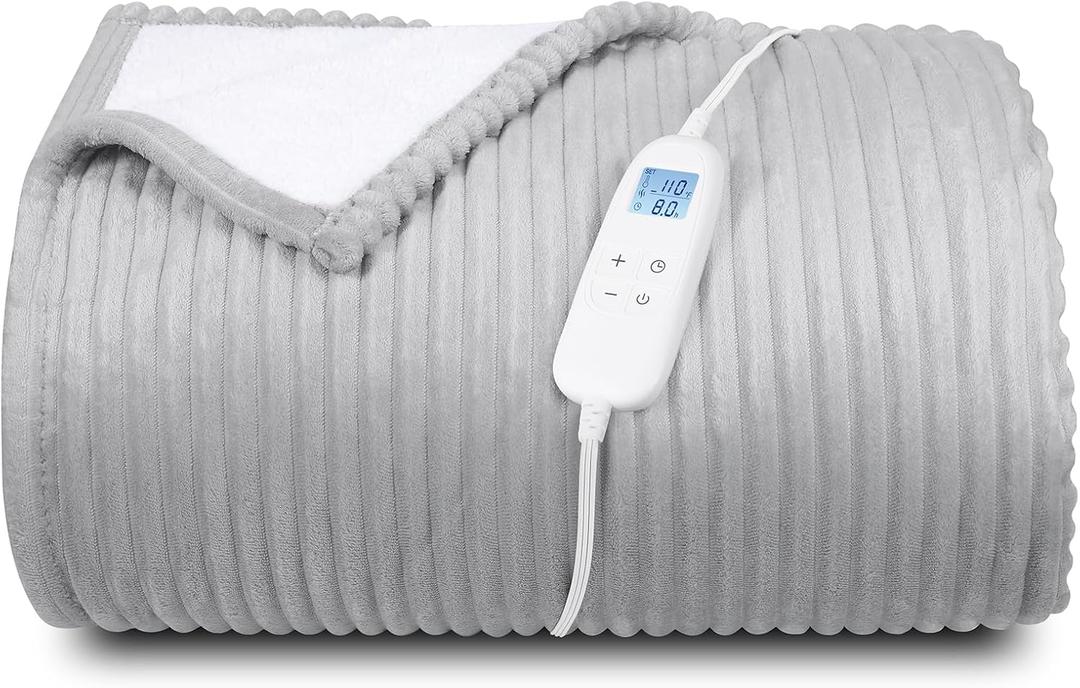 Electric Heated Blanket Queen Size 84" x 90" | 6 Heating Levels & 8h Auto Timer | Full Body Fast Heating and Ultra Soft Flannel, Machine Washable Bed Sofa Home Office Use, Light Grey