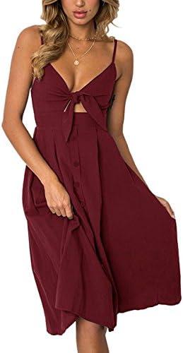 ECOWISH Women 2025 Summer Dresses Tie Front V-Neck Spaghetti Strap Button Down A-Line Backless Swing Midi Dress, Red, XL