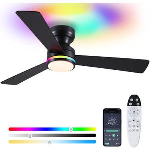 Asyko 46" Black RGB Ceiling Fans with Lights and Remote,Low Profile Ceiling Fans with Quiet Reversible DC Motor,Modern Flush Mount Ceiling Fan Light for Bedroom Kids Room
