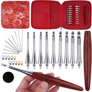 Interchangeable Ergonomic Crochet Hooks Set Inline Beginner Crochet Needles Kit Smooth Grip Wooden Handle with Red Case for Arthritic Hands 9 Sizes 3.5mm-8mm