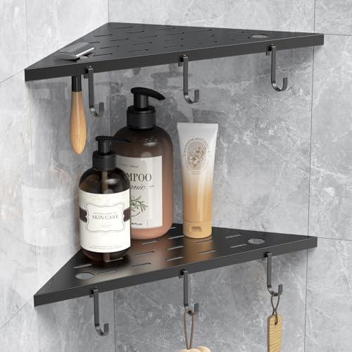 SZWQILIN Corner Shower Shelf 10" Matte Black 304 Stainless Steel Recessed Shelf for BathroomShower Corner Rack with Razor Hole HookGrout in Shelf for Tiled Wall, 2 Pack
