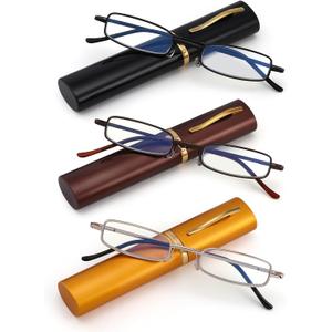 SOPHILY 3 Pack Slim Pocket Reading Glasses for Men Women Blue Light Blocking Compact Readers Spring Hinge Metal Frame, Yellow Black Grey Eyeglasses with Portable Pen Clip Tube Case, 1.25 