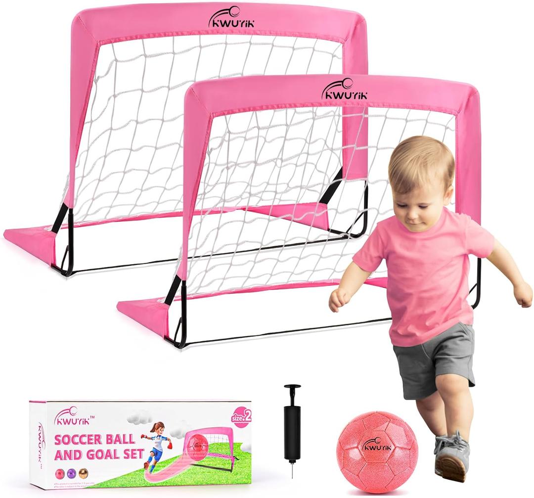 4Pcs Soccer Goals Set 2Pcs Soccer Nets 2x1.5ft 1Pcs Ball 1Pcs Pump Indoor Soccer Nets for Kids with Size 2 Toddler Soccer Ball Foldable Net with Pump Pink Purple for Children Boys Girls