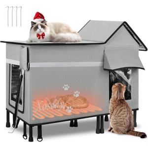 Heated Cat House for Outside Cats- 100% Weatherproof Insulated Outdoor Cat House with Heating Pad, Elevated Base & Safe Escape Door, Warm Kitty Shelter for Feral or Stray Cats in Winter (Grey)