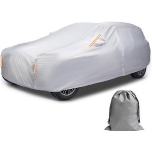 Caromop 10-Layer Waterproof Car Cover All Weather Protection (Snow, Rain, Sun) with Secure Fit Straps and Easy On/Off Zipper-Size S4 (See Size-Chart) (Reflective)