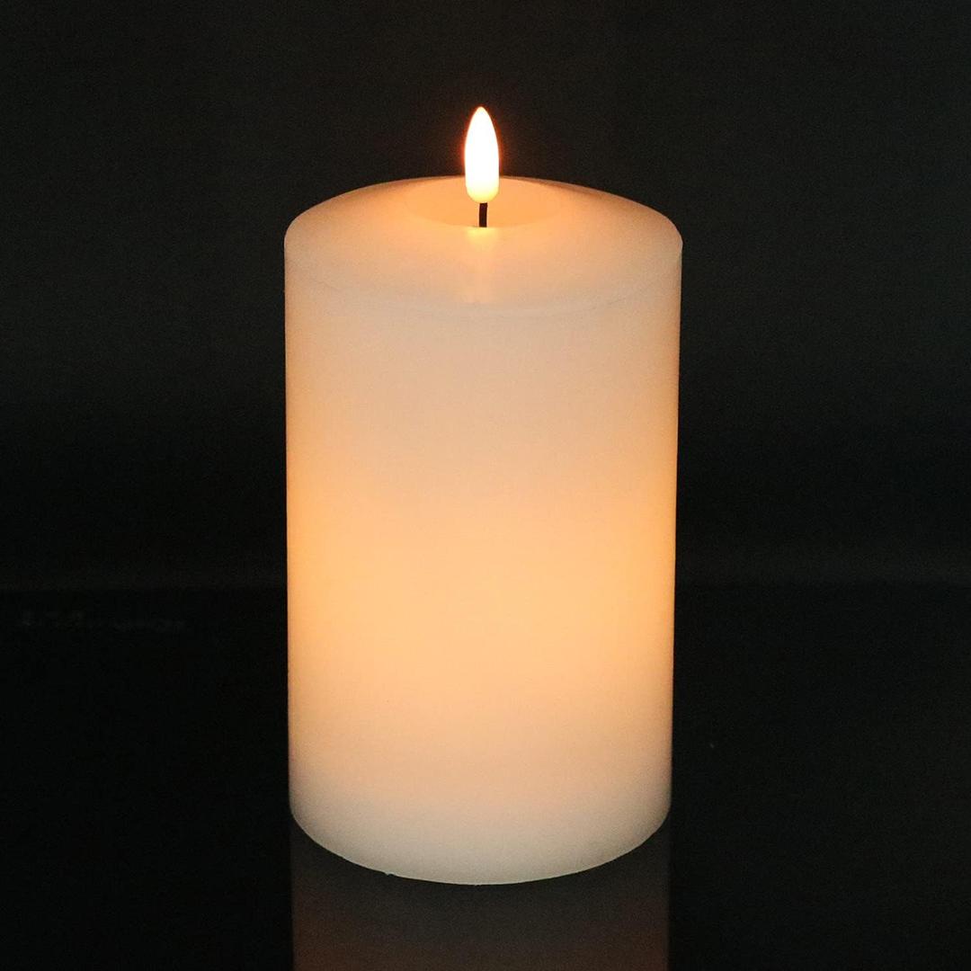 Eldnacele Large Flameless Flickering Candles White 3D Realistic Black Wick with Timer, 4 X 7.5 Battery Operated Real Wax Pillar Candles Warm White for Home Wedding Party Festival Decoration