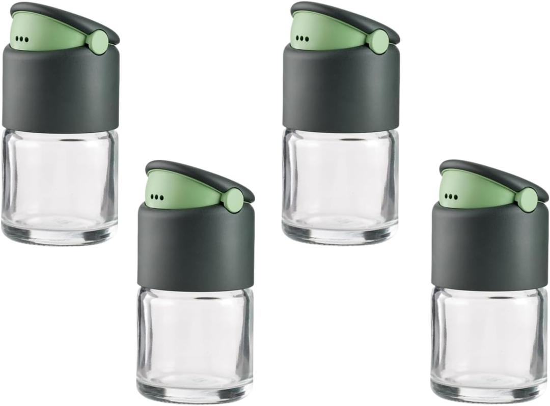 Lekue 2.7oz Shaker Spice Jar (Set of 4) - Clear Glass Spice Container for Powdered & Herb Spices - Dual Openings for Sprinkling & Dosing - One-Handed Use Spice Organizer for Kitchen, Dishwasher Safe