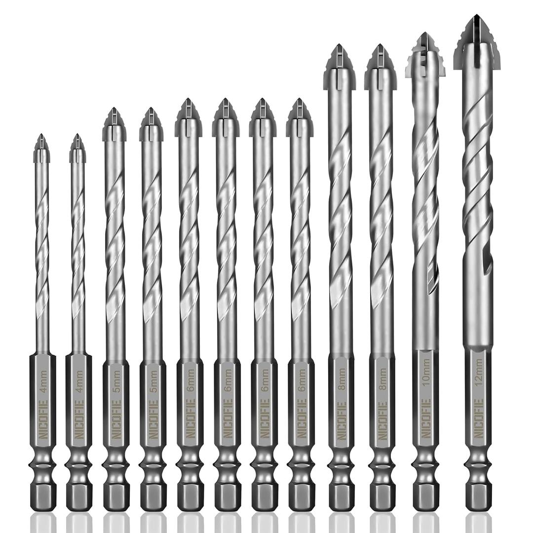 12 Pcs Concrete Carbide Drill Bits Set Hex Shank Masonry Cement Tile Drill Bit Set Hex Shank for Glass/Brick/Plastic/Wood/Procelain/Aluminium/Tile 5/32"-1/2"