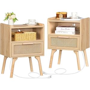 Lerliuo Rattan Nightstands Set of 2 with Charging Station, Boho Side Table with Drawer Open Shelf, Cane Accent Bedside End Table with Solid Wood Legs for Bedroom, Dorm and Small Spaces (Natural)