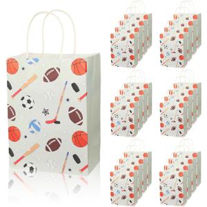 24pcs Sports Party Favor Bags, Gift Paper Bags with Baseball Basketball Football Patterns, Goodie Bag with Handles for Sports Themed Birthday Party