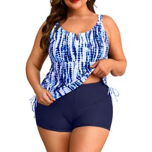 Women's Plus Size Tankini Swimsuit - Two Piece Bathing Suit with Shorts 2025 V-Wired Tummy Control Swimwear Blue Tie Dye 16W