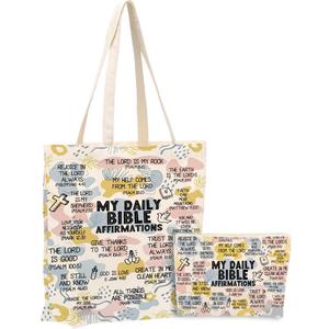 Daily Affirmations for Women Faith Christian Gifts2PCS Cosmetic Bag Canvas Tote Bag Beach Bags with Pocket Makeup BagsScripture Bible Verse Mental Health Gifts for Female Friend Birthday Christmas