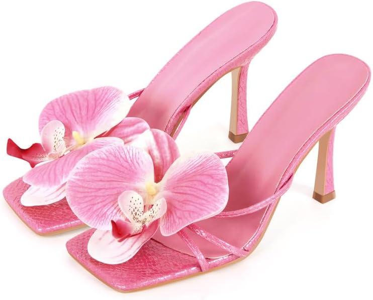 Richealnana Women's Clear Square Toe Sandals Stiletto Heel Slip On Mules Shoes (7, Pink-flower)