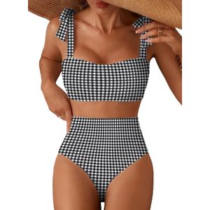 Herseas Women's Tie Shoulder Bikini Sets 2 Piece Striped Swimsuits High Waisted Bathing Suits (Black, M)