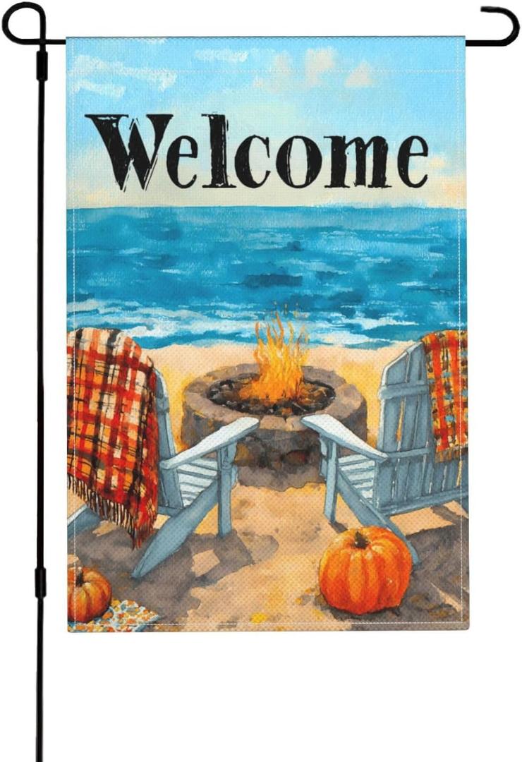 Beach Pumpkin Garden Flag 12x18 Inch Double Sided Outdoor Flag Decorations Burlap Yard Flag For Holiday Outside Home