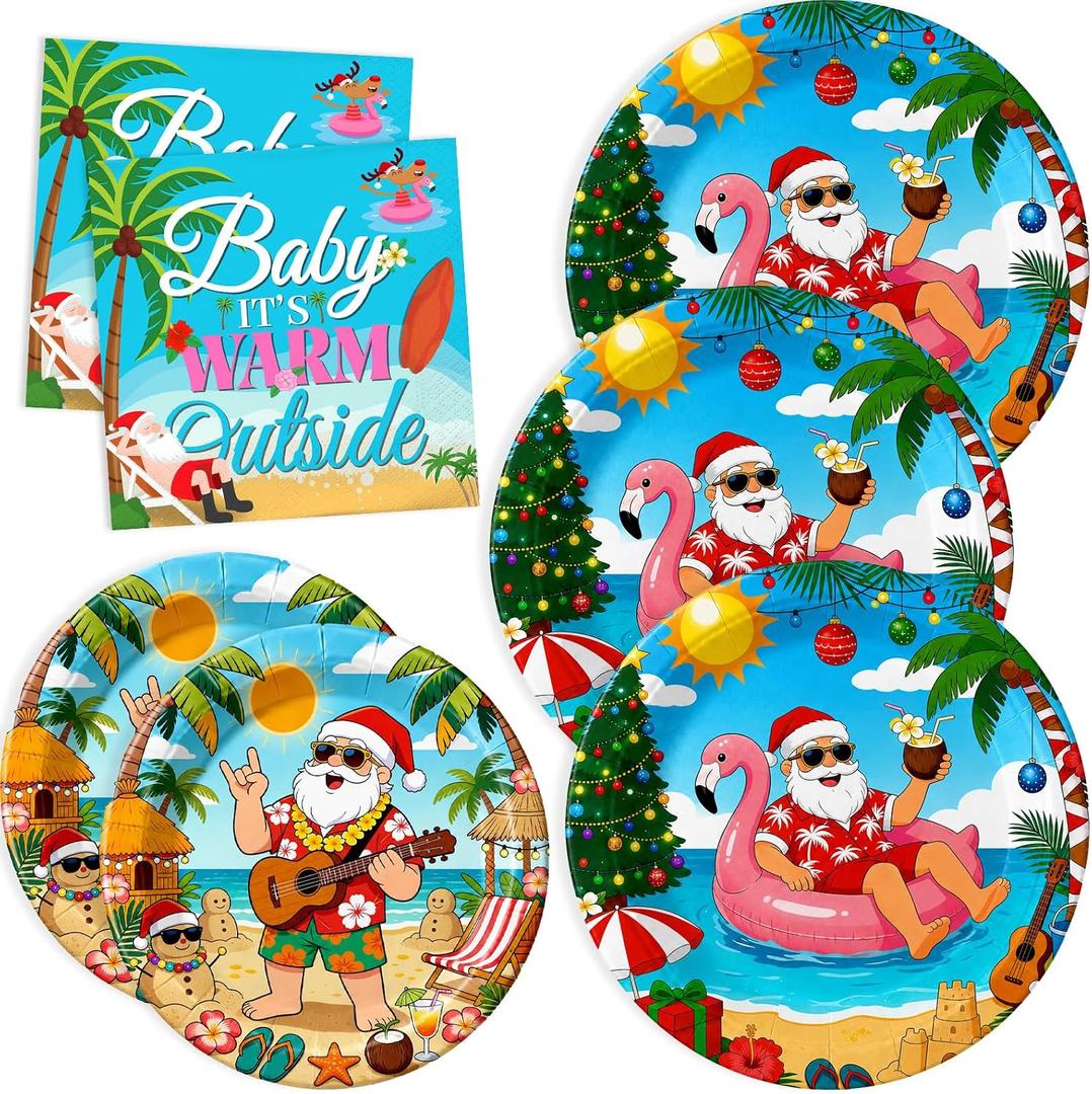 200Pcs Christmas Summer Decorations - Summer Paper Plates Dessert Dinnerware Set for 50 Guests - Hawaiian Beach Party Supplies Table Decorations