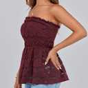 PRETTYGARDEN Women's Boho Tube Tops 2025 Summer Strapless Off Shoulder Eyelet Smocked Peplum Trendy Going Out Bandeau Top (X-Large, Wine Red)