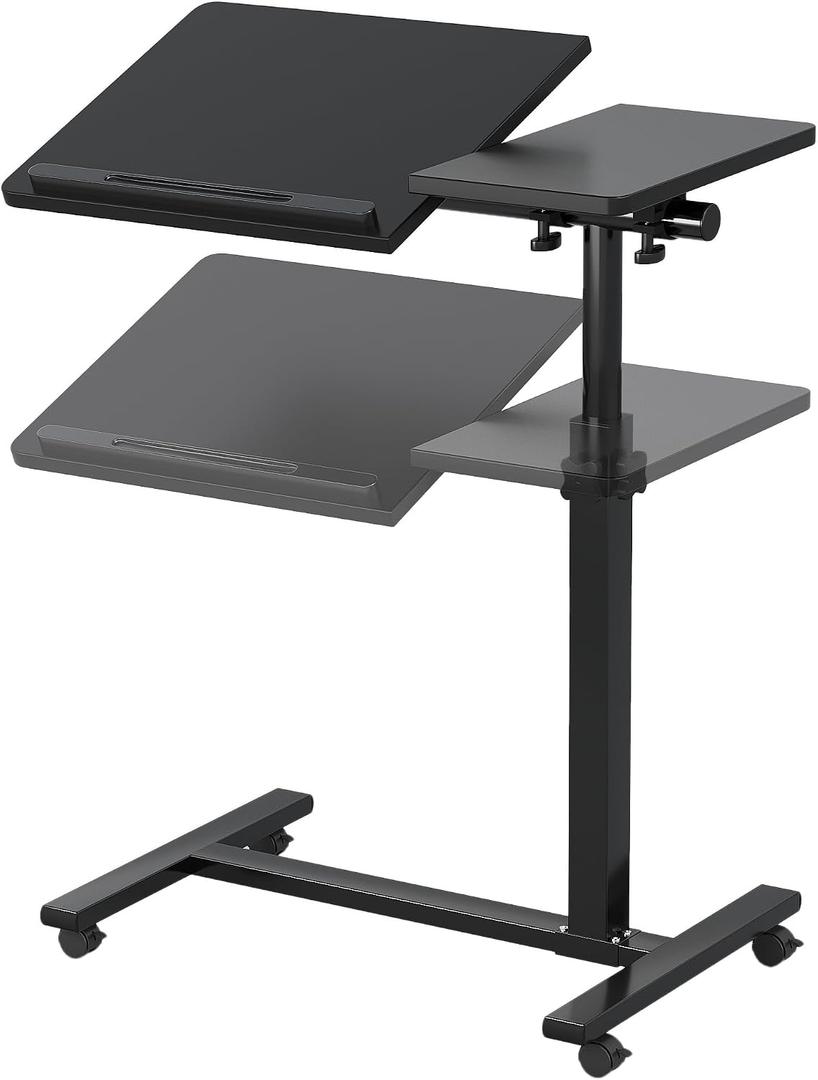 Overbed Tables, Hospital Table, Adjustable Height Protable Standing Rolling Desk, C-Shaped Bed Table for Livingroom and Bedroom, Black, 22.4 inches x 15.9 inches x 22.8 inches