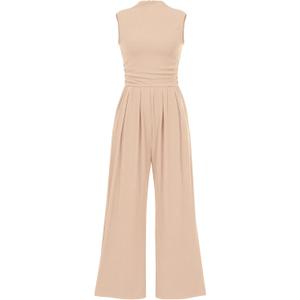 BTFBM One Piece Jumpsuits For Women Dressy Casual Spring Summer Outfits 2025 Sleeveless Mock Neck Wide Leg Pants Rompers (Large, Beige)