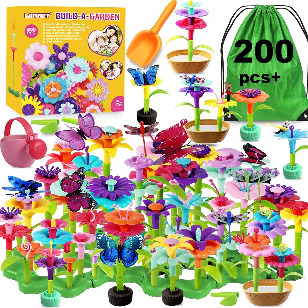 LANNEY Flower Building Toy Set, 200 Pcs Flower Garden Building Toys for Girls Boys 3 4 5 6 7 Year Old, Educational Stem Build Garden Toy, Kids Toddler Birthday Gift Ideas