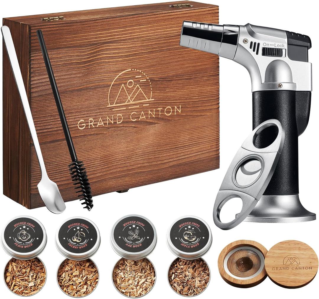 Whiskey Cocktail Kit with Torch-4 Flavors Wood Chips, Whiskey Cocktail, Stainless Steel Cutter- Bourbon Cocktail KIt, Bourbon Birthday Gift for Dad,Husband, Men (NO BUTANE)