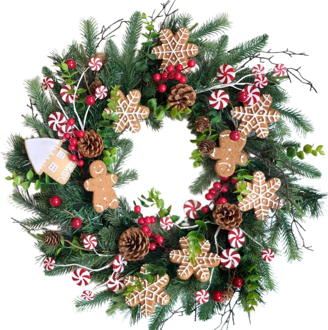 Bibelot Christmas Winter Wreaths for Front Door, 24 Inch Christmas Wreath with Candies, Pine Cones, Gingerbread Men Decoration Wreath for Indoor Outdoor Farmhouse Home Wall Window