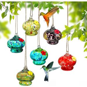 H&D Hyaline & Dora 6pcs Glass Hummingbird Feeders, Outdoors Hanging, Hand Blown Glass, Garden & Window Decor