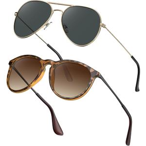 STGATN 2 Packs Round & Aviator Polarized Sunglasses for Women Men UV400 Protection (E. Round Matte Tortoise/Gradient Brown + Aviator Gold/Grey)