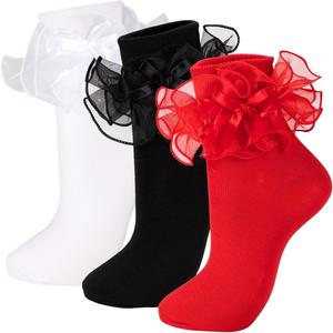 NiceBaby Women's Big Ruffle Socks Double Lace with Bows (Size 5-11, 3 Pairs) (Black)