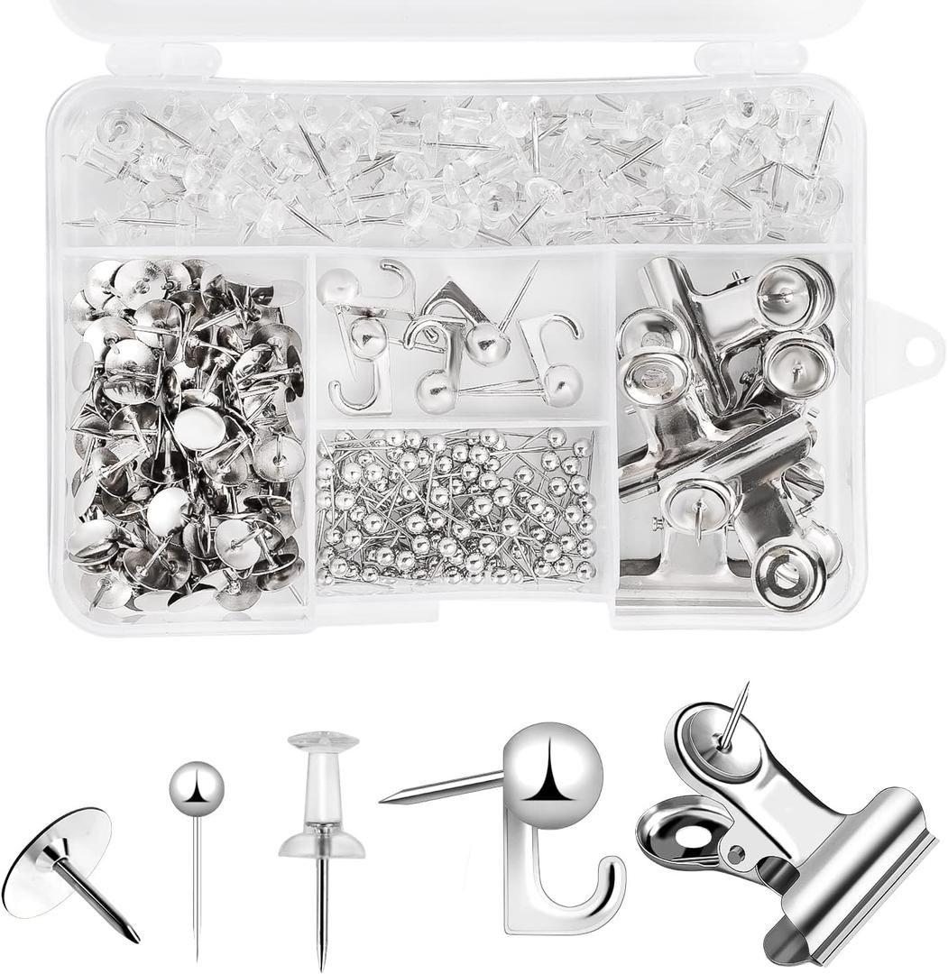 310 Pcs Silver Push Pins Set, Thumb Tacks Decorative Push Pins for Cork Board with Push Pin Hook Pushpin Clip 5 Style Office Accessories for Cork Board Map Office (Silver)