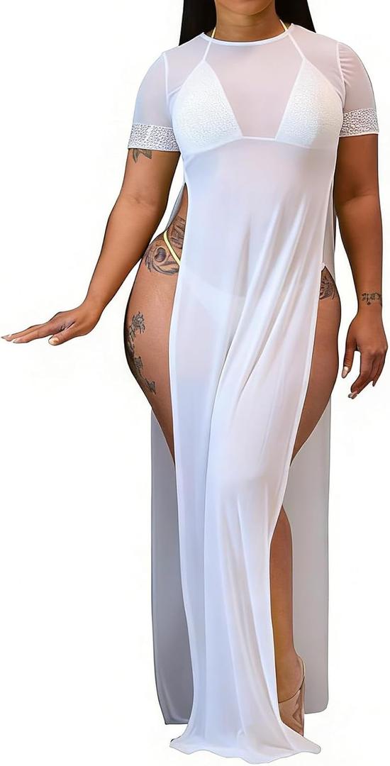 Women's Sexy Long Maxi Dresses Summer Casual See Through Round Neck Short Sleeve Sheer Mesh Beach Cover Ups Stretchy Plus Size Swimsuit Split with Fake Diamond, Size Small