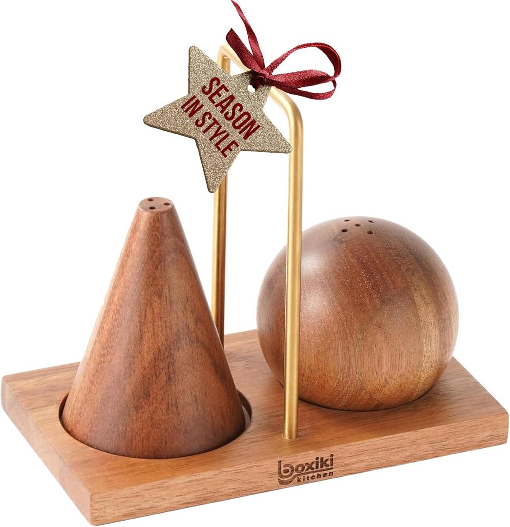 Acacia Wood Salt and Pepper Shaker Set  2-Piece with Storage Base and Titanium Handle  Elegant Wooden Spice Holder for Kitchen and Dining Table
