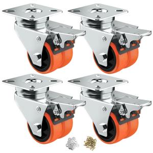 Caster Wheels, 2inch Casters Set of 4 Heavy Duty, Two-Wheeled Orange TPE Casters with Brake, Double-Wheeled Swivel Plate Locking Castor Wheels Widely Used in All Kinds of Furniture.(4 Pack)