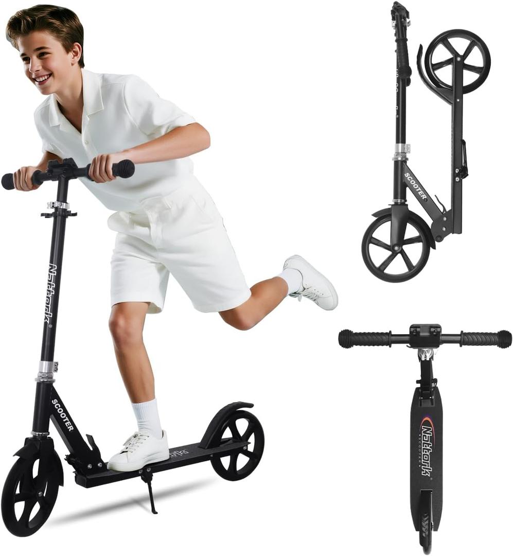 Nattork Scooter for Kids 6+, Teens & Adults - Max Load 220LB, Foldable, Lightweight, Adjustable Height, 8-Inch Wheels Kick Scooter for Boys Girls