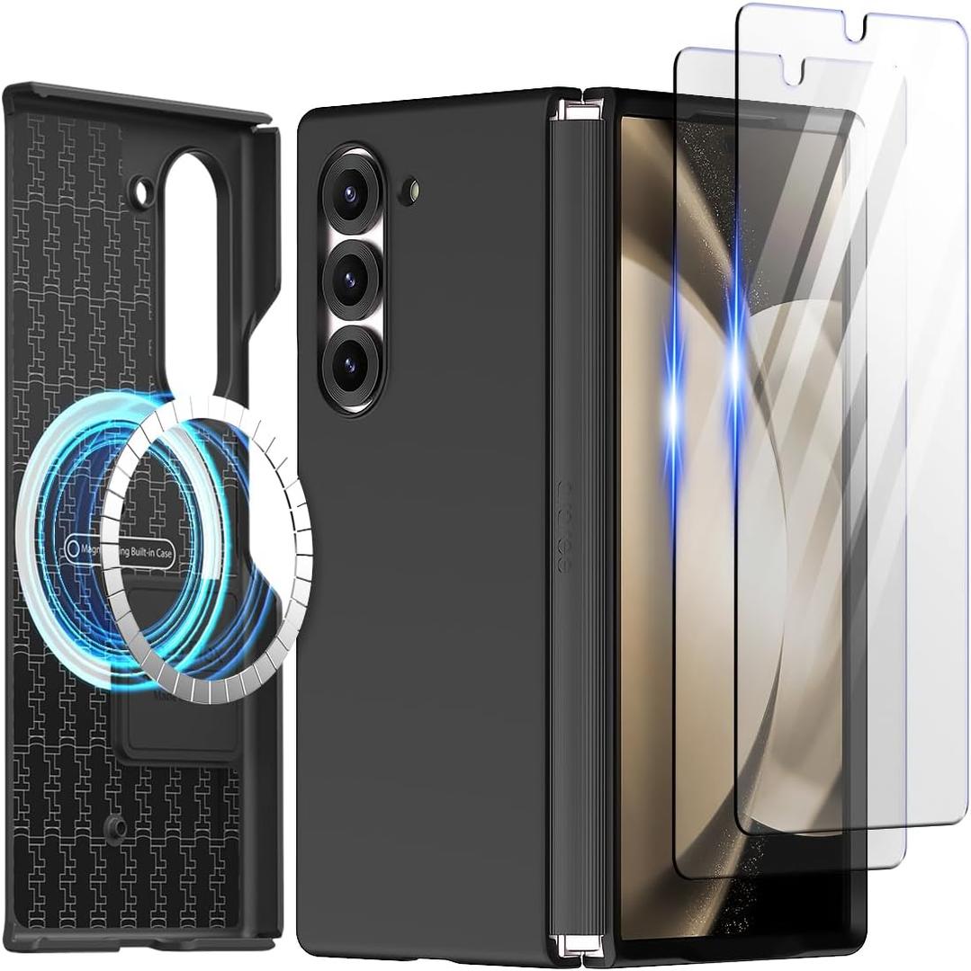 araree Aero Flex M Galaxy Z Fold 6 Case with Hinge Protection, 2 Pack Tempered Glass Screen Protector, Compatible with Magsafe Accessories, Thin & Slim Shockproof Case (Black + Tempered Glass[2 Pack])