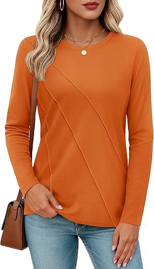 YUCOLEN Womens Long Sleeve Shirts Crewneck Cotton Basic T-Shirt Tops Soft Breathable Casual Tee Tshirt 2025 Fall Fashion Clothing, Dark Orange, Small